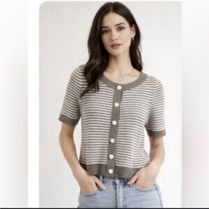 Moth Anthropologie Gray White Silver Striped Cardigan Sweater Short Sleeves XS